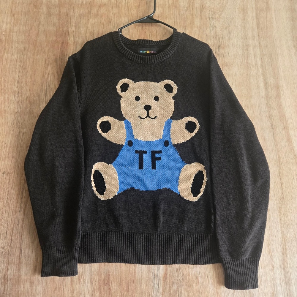 Teddy Fresh Black Bear Overalls Knit Sweater Mens Large TF Logo Pullover